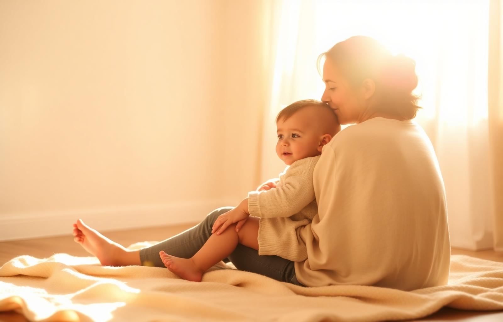 A parent embracing their child in warm morning light